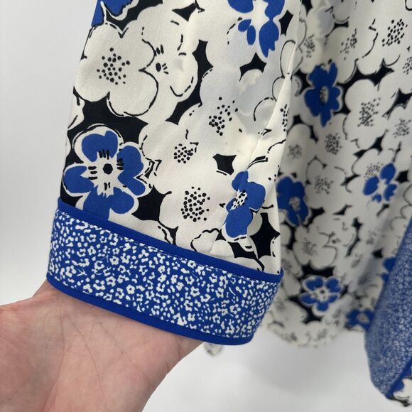 Talbots Blouse Womens Large Floral Pullover V-Neck 3/4 Sleeves Blue White Shirt - Picture 5 of 6